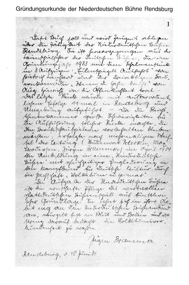 Gründungsurkunde der Niederdeutschen Bühne Rendsburg von 1934